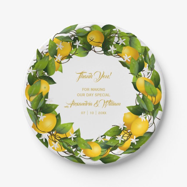 Plato De Papel Moderna Lemon Wreath Gracias | BODA (Anverso)