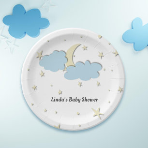 Plato De Papel Moderna Luna Blanca y Estrellas Elegante Baby Show