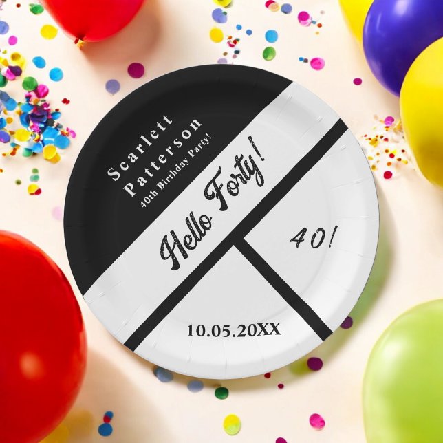 Plato De Papel Moderna Moda elegante blanca y negra 40 cumpleaños (Subido por el creador)