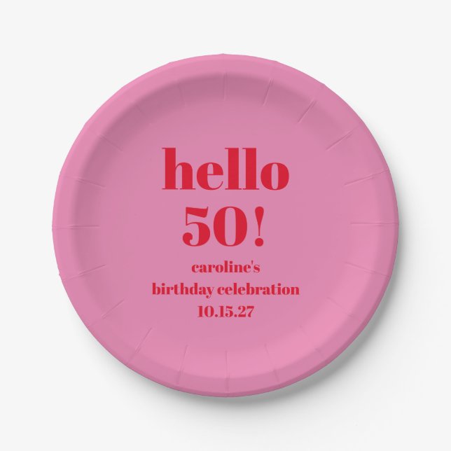 Plato De Papel Moderna negrita rosa brillante rojo 50 Personaliza (Anverso)