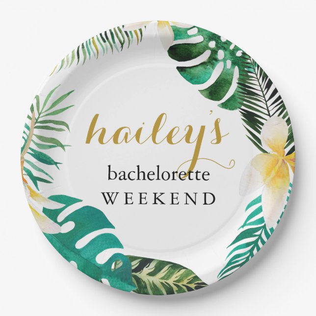 Plato De Papel Moderna Palm Bachelorette Weekend con nombre (Anverso)