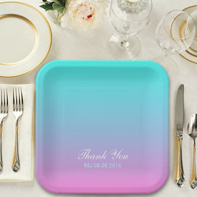 Plato De Papel moderna primavera rosa turquesa oscuro matrimonio  (modern spring pink turquoise ombre wedding favor paper plates)