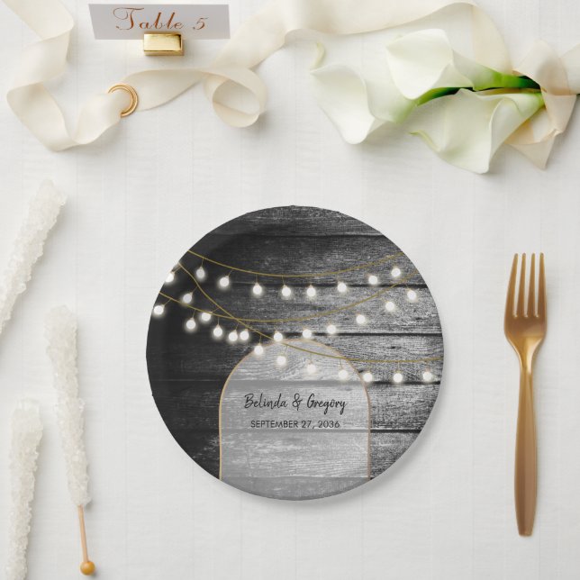 Plato De Papel Moderna Rustic Black Wood Gold Lights Arch Boda (Boda)