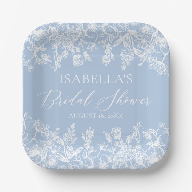 Plato De Papel Moderna y elegante Dusty Blue Wildflower Bridal Sh (Anverso)