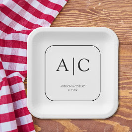 Plato De Papel Moderna y elegante plaza Boda Monograma Blanco