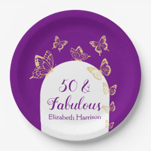 Plato De Papel Modernas mariposas de oro morado fabulosas cumplea