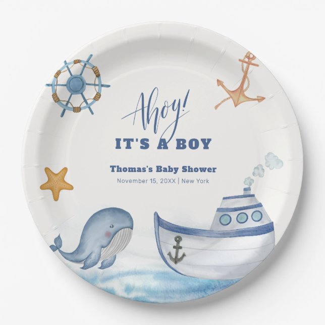 Plato De Papel Moderno Ahoy Boy Whale Sailboat Baby Shower (Anverso)