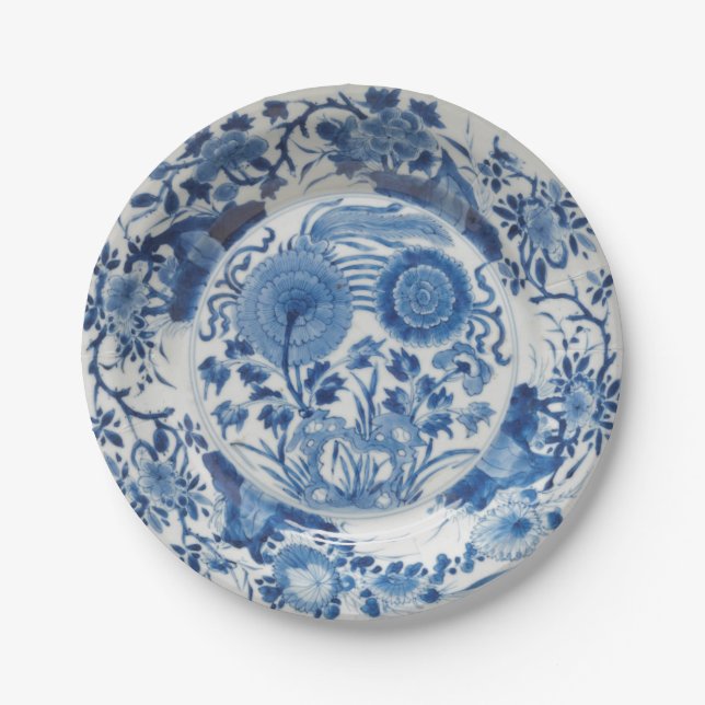 Plato De Papel Moderno azul faux porcelana flujo floral (Anverso)