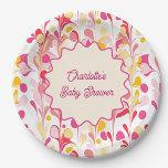 Plato De Papel Moderno Baby Shower Retro Resumen Onda Rosa<br><div class="desc">Con un moderno diseño abstracto retro ondulado rosa y amarillo divertido. Personalizar cambiando cualquiera de los textos. Arte original de Nic Squirrell.</div>