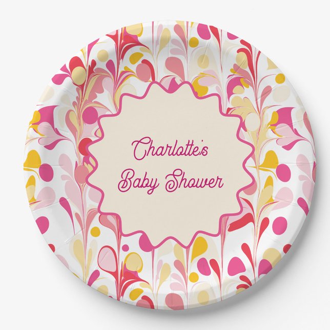 Plato De Papel Moderno Baby Shower Retro Resumen Onda Rosa (Retro marble pink yellow groovy wave abstract baby shower personalized paper party plates)