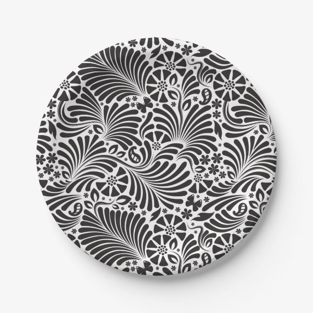 Plato De Papel Moderno barroco floral negro y blanco (Anverso)