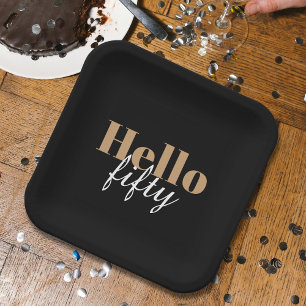 Plato De Papel Moderno Black 50th Birthday Hello Fifty Fiesta