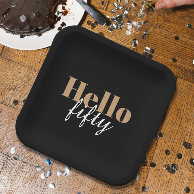 Plato De Papel Moderno Black 50th Birthday Hello Fifty Fiesta (Subido por el creador)