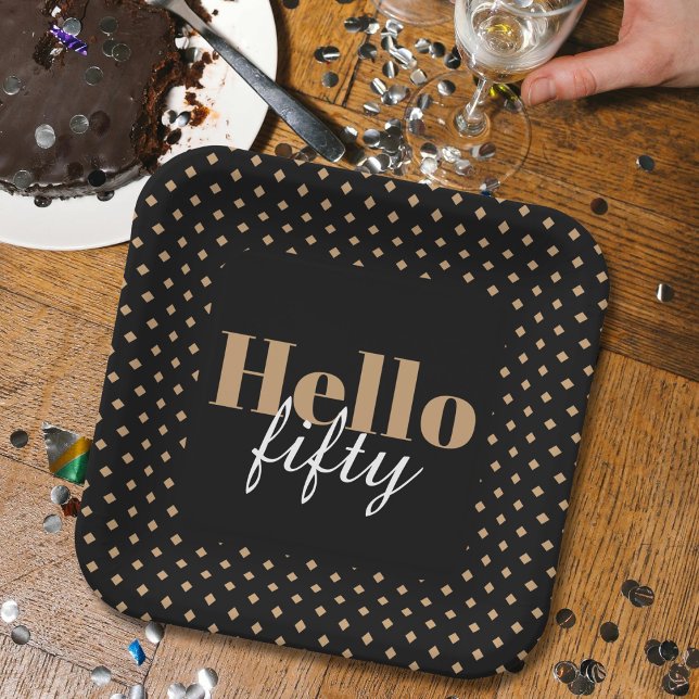 Plato De Papel Moderno Black 50th Birthday Hello Fifty Fiesta (Subido por el creador)