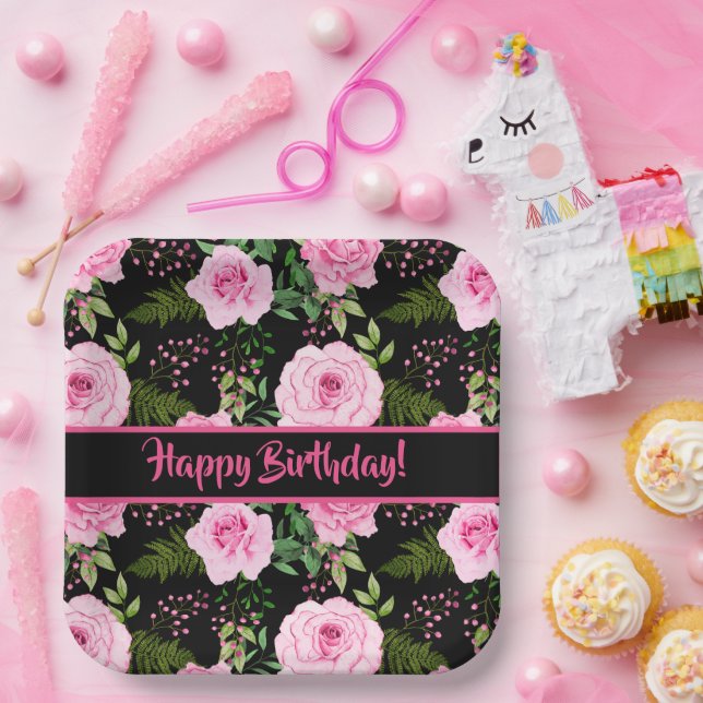 Plato De Papel Moderno Black Beautiful Roses Rosa Feliz cumpleaño (Fiesta)