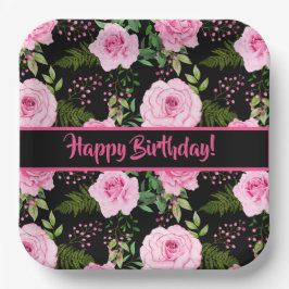 Plato De Papel Moderno Black Beautiful Roses Rosa Feliz cumpleaño