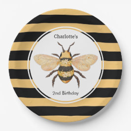 Plato De Papel Moderno Black Yellow Stripes Bee Birthday Party