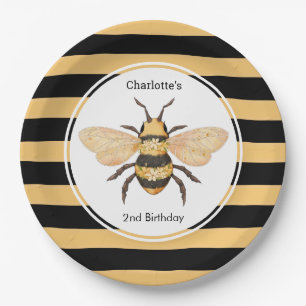 Plato De Papel Moderno Black Yellow Stripes Bee Birthday Party