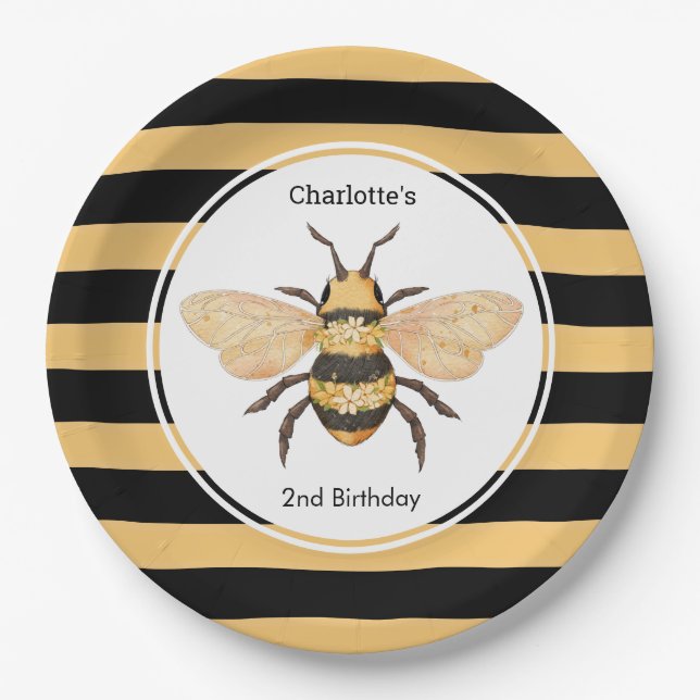 Plato De Papel Moderno Black Yellow Stripes Bee Birthday Party (Anverso)