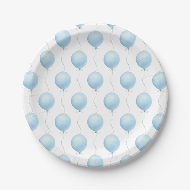 Plato De Papel Moderno Blue Balloon Boy Baby Shower (Anverso)