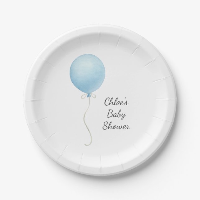 Plato De Papel Moderno Blue Balloon Boy Baby Shower (Anverso)
