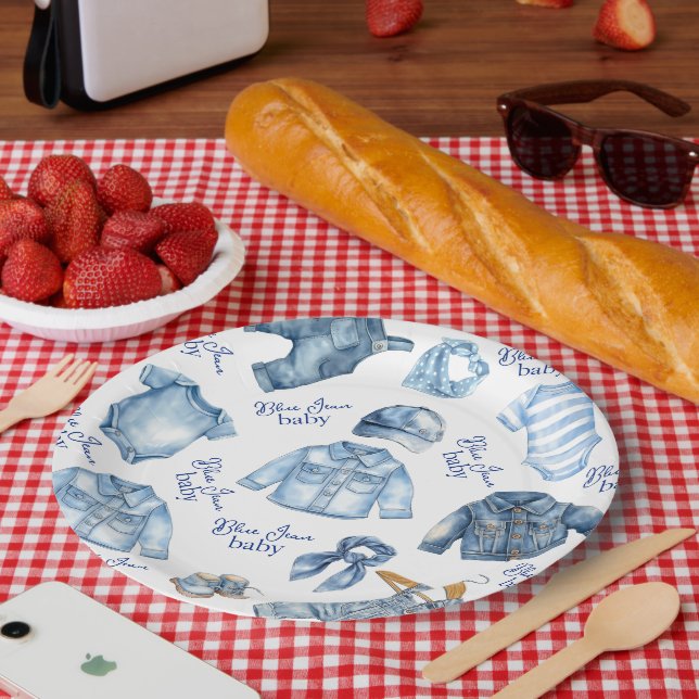 Plato De Papel Moderno Blue Jean Baby Denim Tema Baby Shower (Picnic)