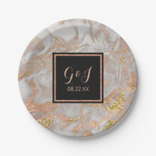Plato De Papel Moderno Boda de Monograma de Mármol Oro Faux Rosa