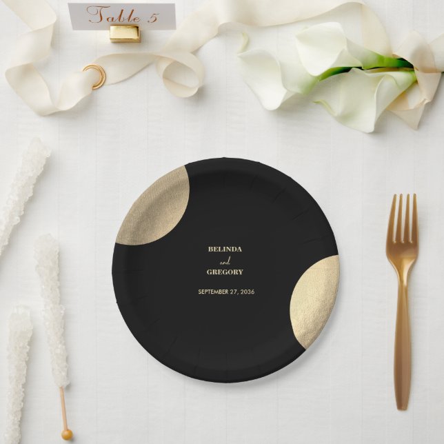 Plato De Papel Moderno Boda de resumen de oro y negro contemporán (Boda)