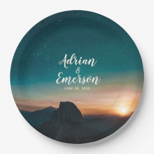 Plato De Papel Moderno Boda de Sunrise Night Sky Mountain Galaxy
