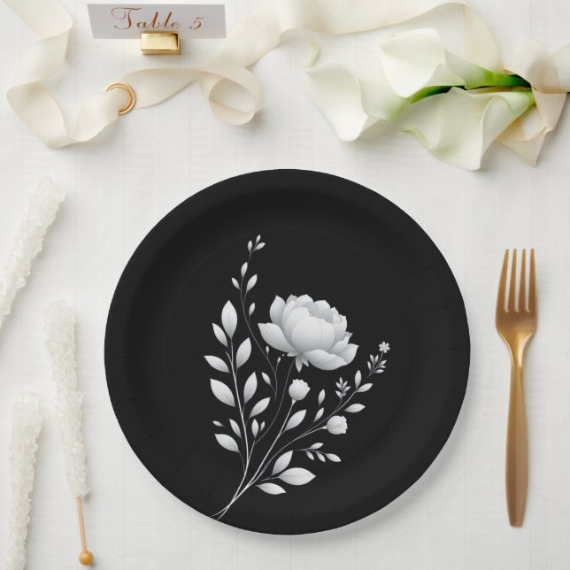 Plato De Papel Moderno Boda elegante en blanco y negro (Boda)