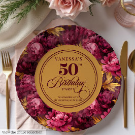 Plato De Papel Moderno Boho Maroon Rubor Gold 50th Birthday Plate