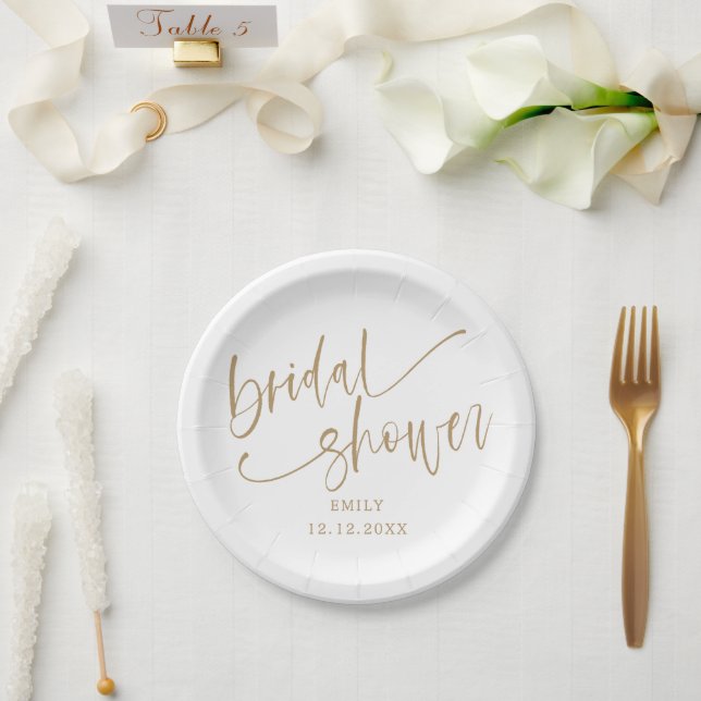 Plato De Papel Moderno Bridal Shower Gold Script & White (Boda)
