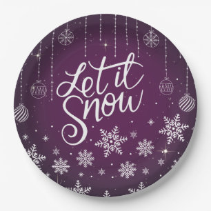 Plato De Papel Moderno Burgundy Violet Merry Christmas Snowflakes