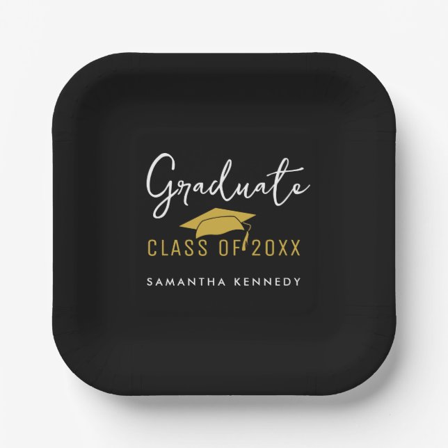 Plato De Papel Moderno Clase Negra y Oro de 2025 Graduación Cap (Anverso)