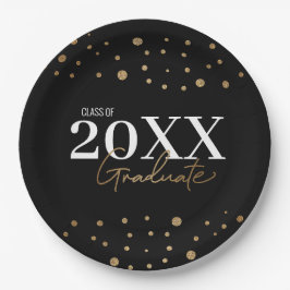 Plato De Papel Moderno Confetti Black Gold Class de 2024 Graduado