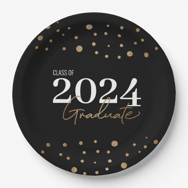 Plato De Papel Moderno Confetti Black Gold Class de 2024 Graduado (Anverso)