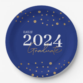 Plato De Papel Moderno Confetti Blue Gold Class de 2024 Graduado