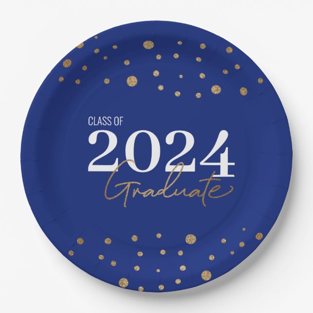 Plato De Papel Moderno Confetti Blue Gold Class de 2024 Graduado (Anverso)