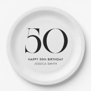 Plato De Papel Moderno Cumpleaños 50 Minimalista en Blanco y Negr
