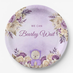 Plato De Papel Moderno Cute Purple Boho Teddy Bear Baby Shower
