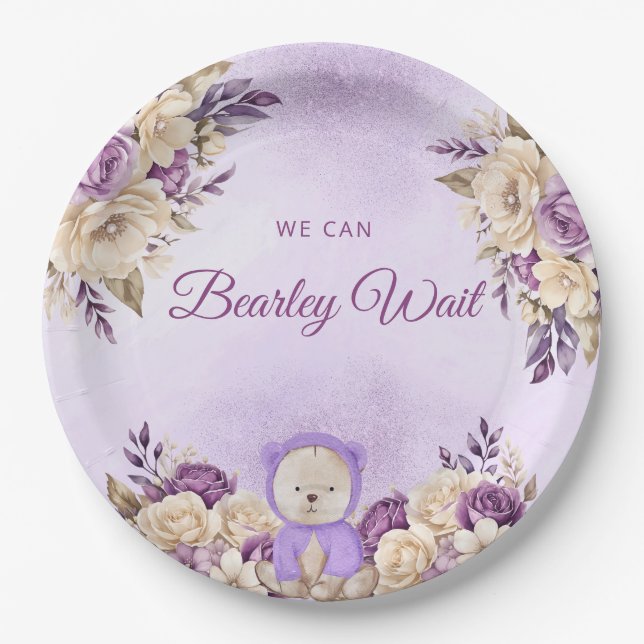 Plato De Papel Moderno Cute Purple Boho Teddy Bear Baby Shower (Anverso)