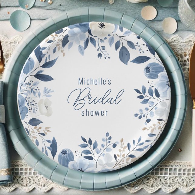 Plato De Papel Moderno Dusty Blue Floral Boho Bridal Shower (Dusty blue floral bridal shower paper plate)