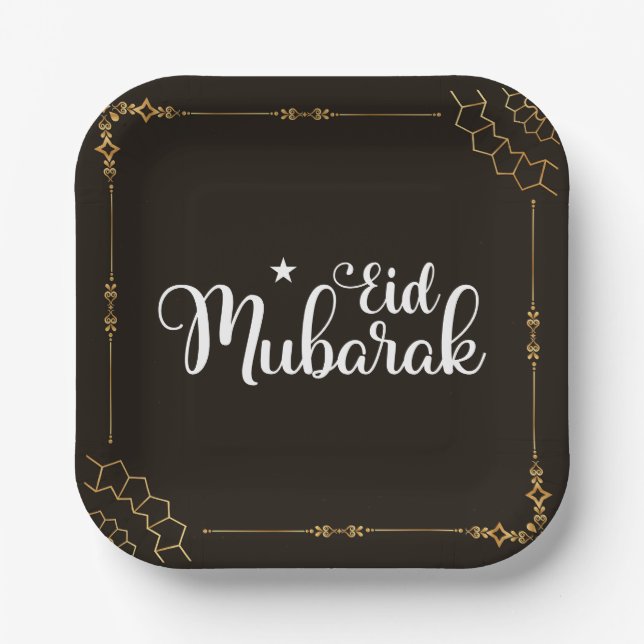 Plato De Papel Moderno Eid Mubarak Black Gold Eid Plates (Anverso)