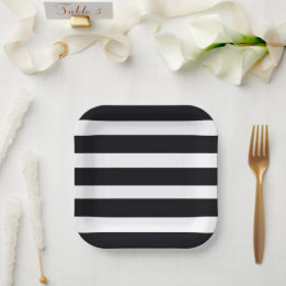 Plato De Papel Moderno Elegante Negro Y Blanco Rayado Chic Estilo