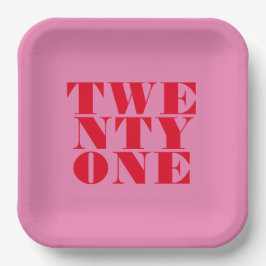 Plato De Papel Moderno Elegante Rojo Rosa Negrita 21 cumpleaños