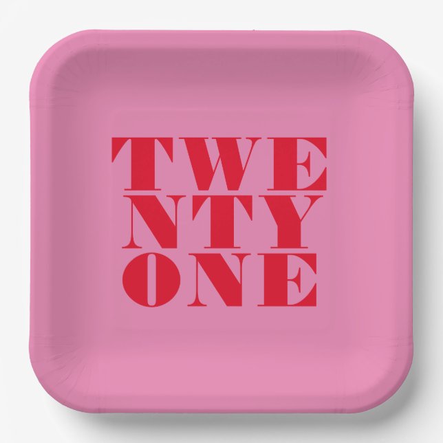Plato De Papel Moderno Elegante Rojo Rosa Negrita 21 cumpleaños (Anverso)