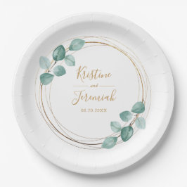Plato De Papel Moderno Eucalyptus Watercolor Gold Script Boda