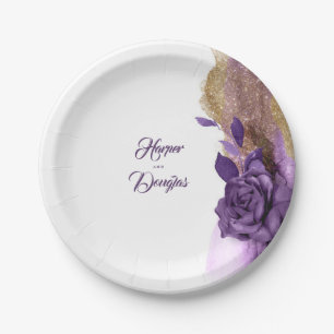 Plato De Papel Moderno floral dorado y púrpura oscuro con brillo
