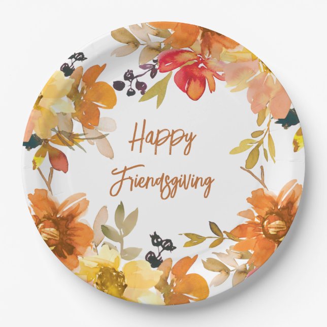 Plato De Papel Moderno Friendsgiving floral (Anverso)