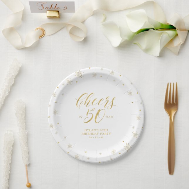 Plato De Papel Moderno "Gold Sparkle" y "Cheers" 50° cumpleaños (Boda)